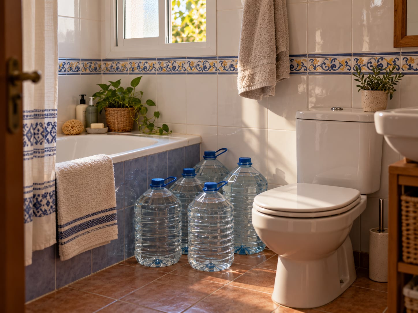 Baño con azulejos y cinco garrafas de agua entre la bañera y el inodoro