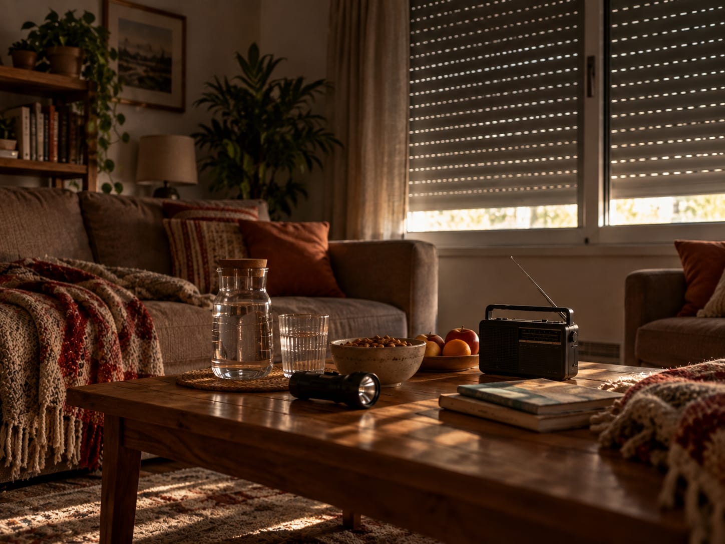 Salón en penumbra de día con las persianas bajadas, una jarra de agua, fruta, una radio y una linterna