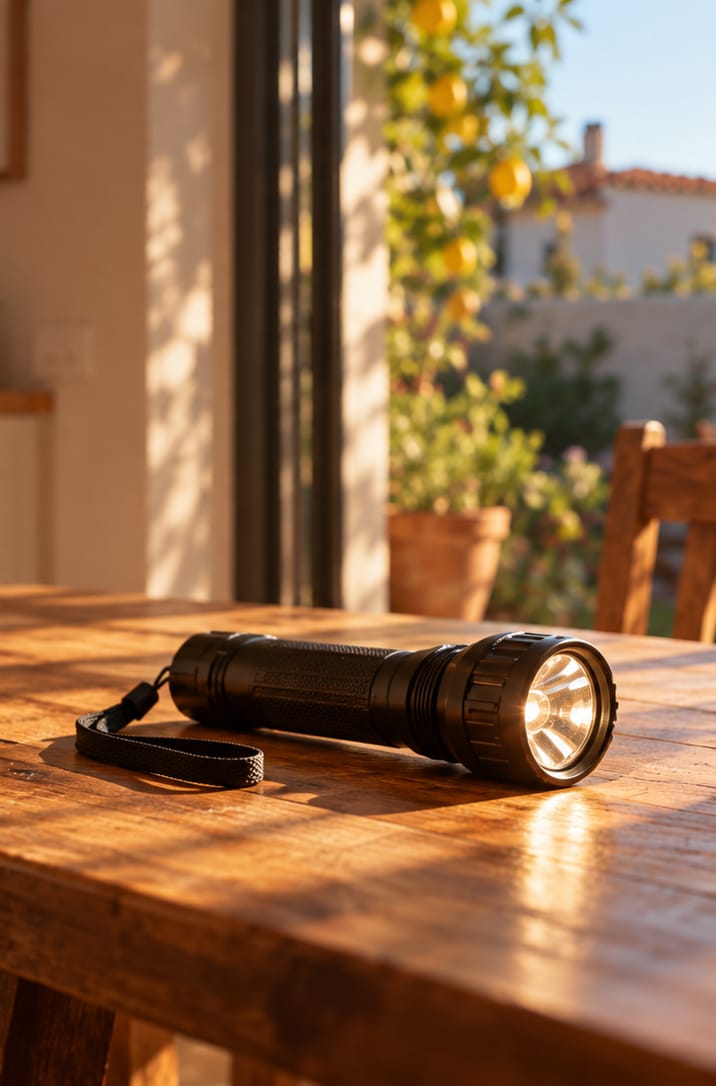 Linterna encendida con su cinta sobre una mesa de madera a la luz de la tarde