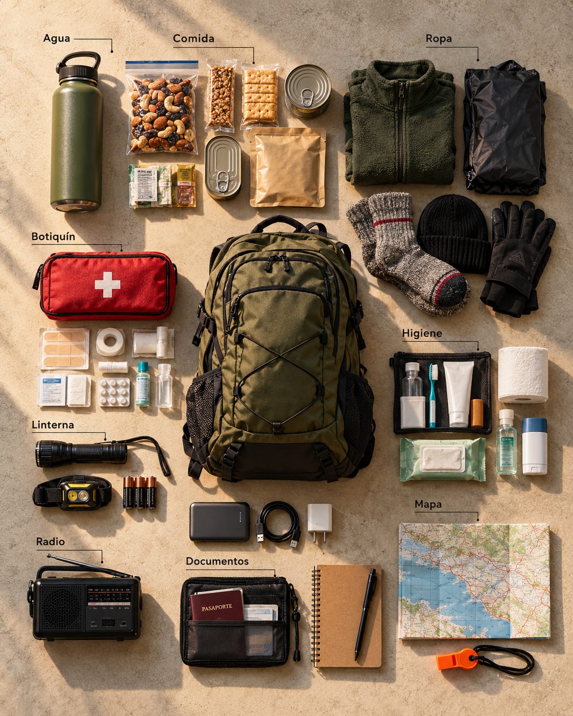 Contenido de una mochila de 72 horas ordenado sobre el suelo: agua, comida, ropa, botiquín, linternas, radio, documentos y mapa
