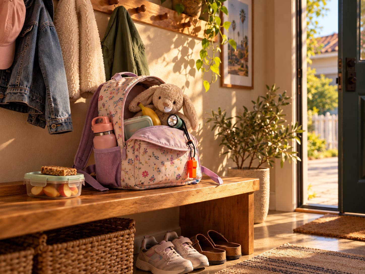 Mochila infantil en la entrada con un peluche, una linterna, un silbato, agua y fruta
