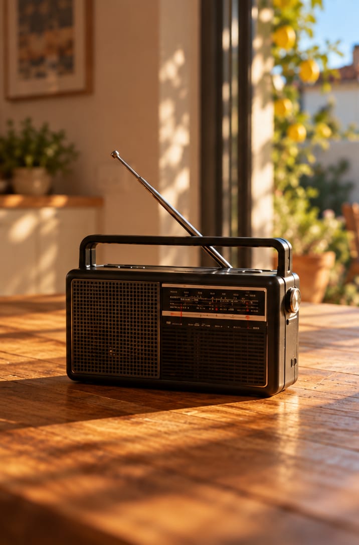 Radio de pilas con la antena extendida sobre una mesa de madera a la luz de la tarde